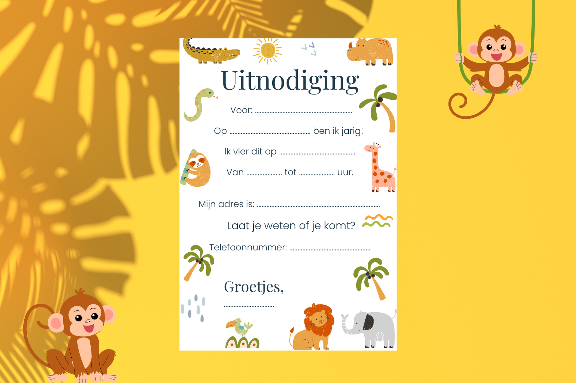 Kinderfeest uitnodiging jungle thema